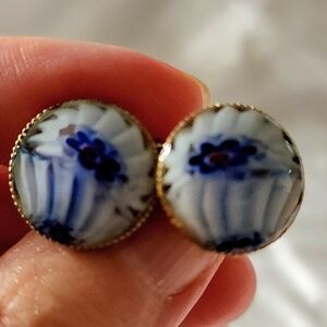 Vintage Millefiori Glass Floral Clip-on‎ Earrings